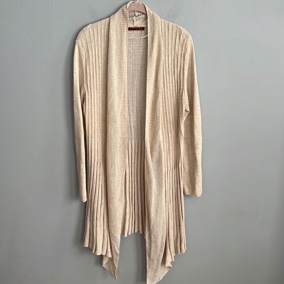 Women’s large neutral beige pleated accent open front waterfall cardigan - Picture 1 of 11